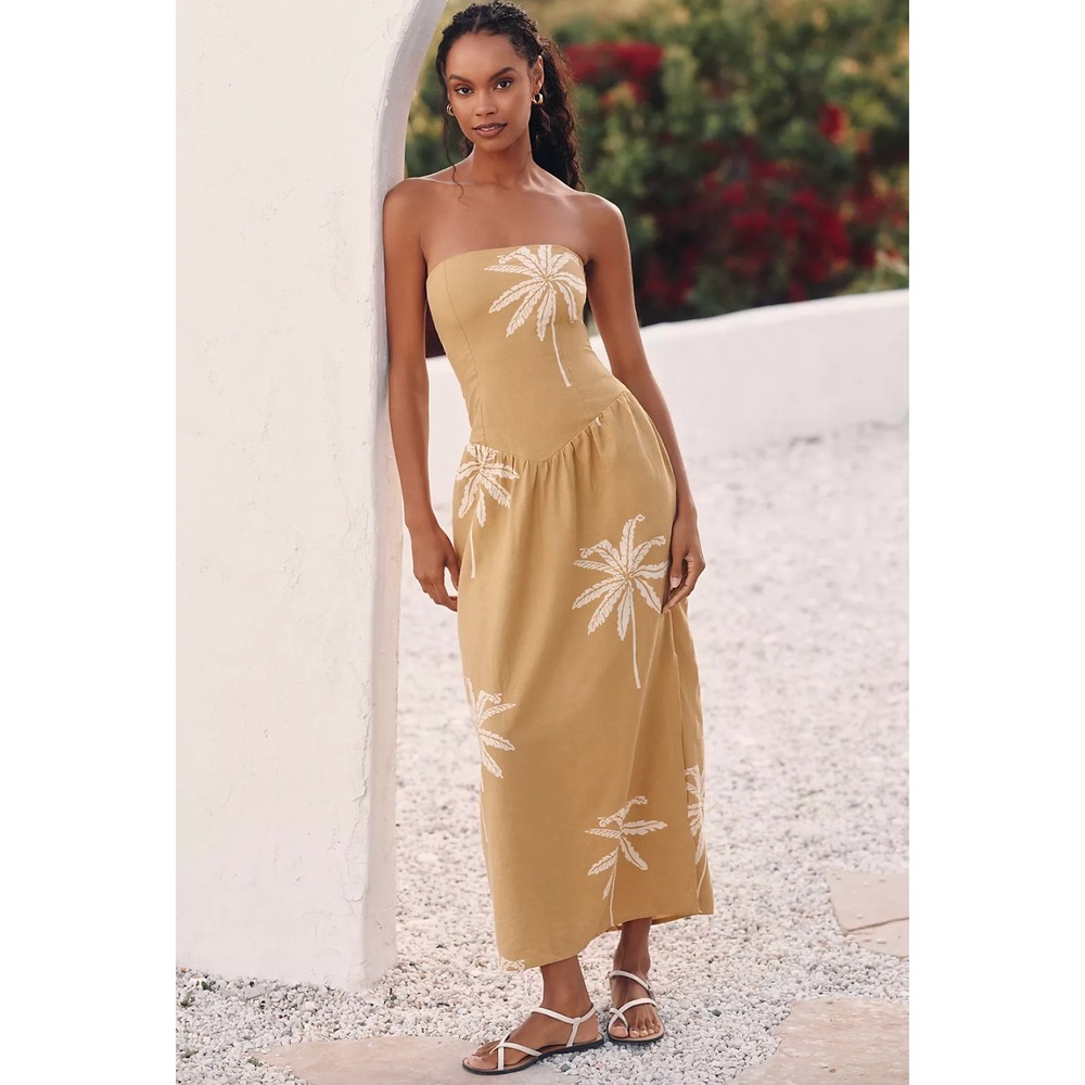 Celandine Anthropologie Tropical Strapless Drop Waist Maxi Dress Mustard Small